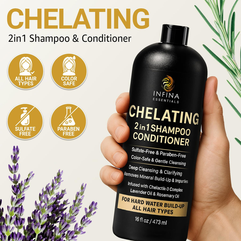INFINA ESSENTIALS Hard Water Shampoo & Conditioner – 2-in-1 Chelating Cleanser for Mineral Buildup (Sulfate-Free, Color Safe) – 16 fl oz