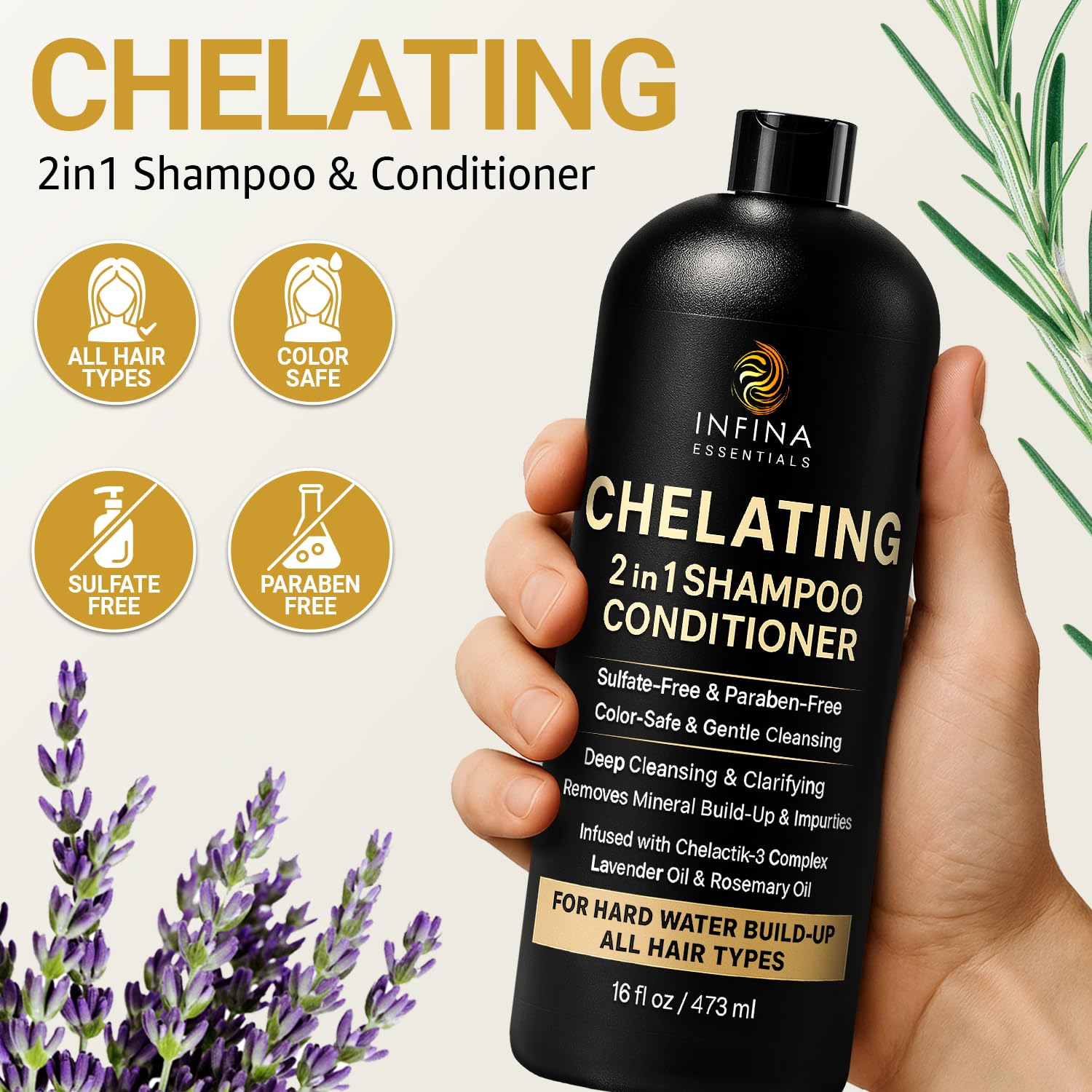 INFINA ESSENTIALS Hard Water Shampoo & Conditioner – 2-in-1 Chelating Cleanser for Mineral Buildup (Sulfate-Free, Color Safe) – 16 fl oz
