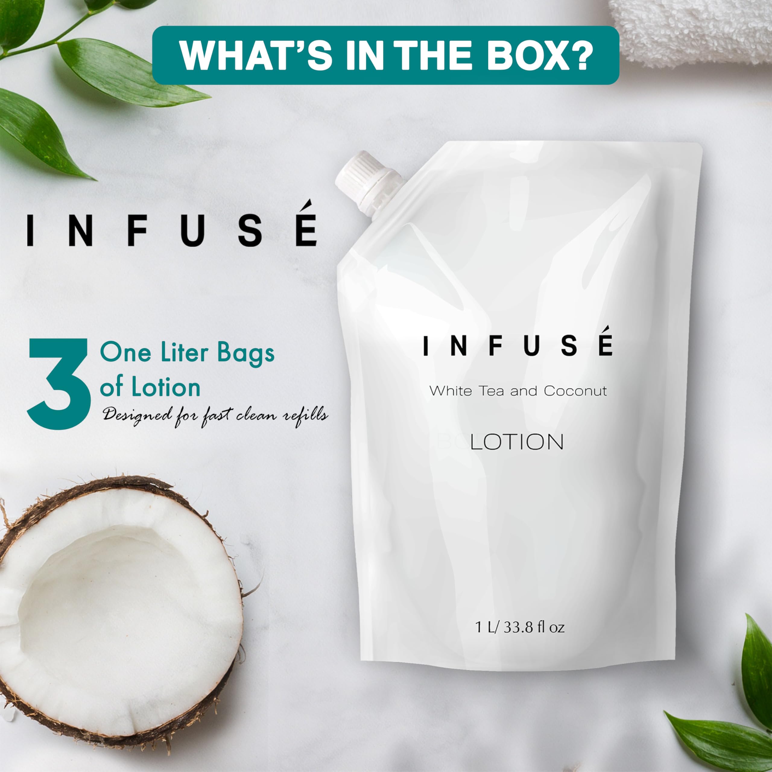 INFUSÉ 1-Liter Lotion Refill Bag – White Tea & Coconut (Set of 3) | Bulk Toiletries for Hotels & Vacation Rentals