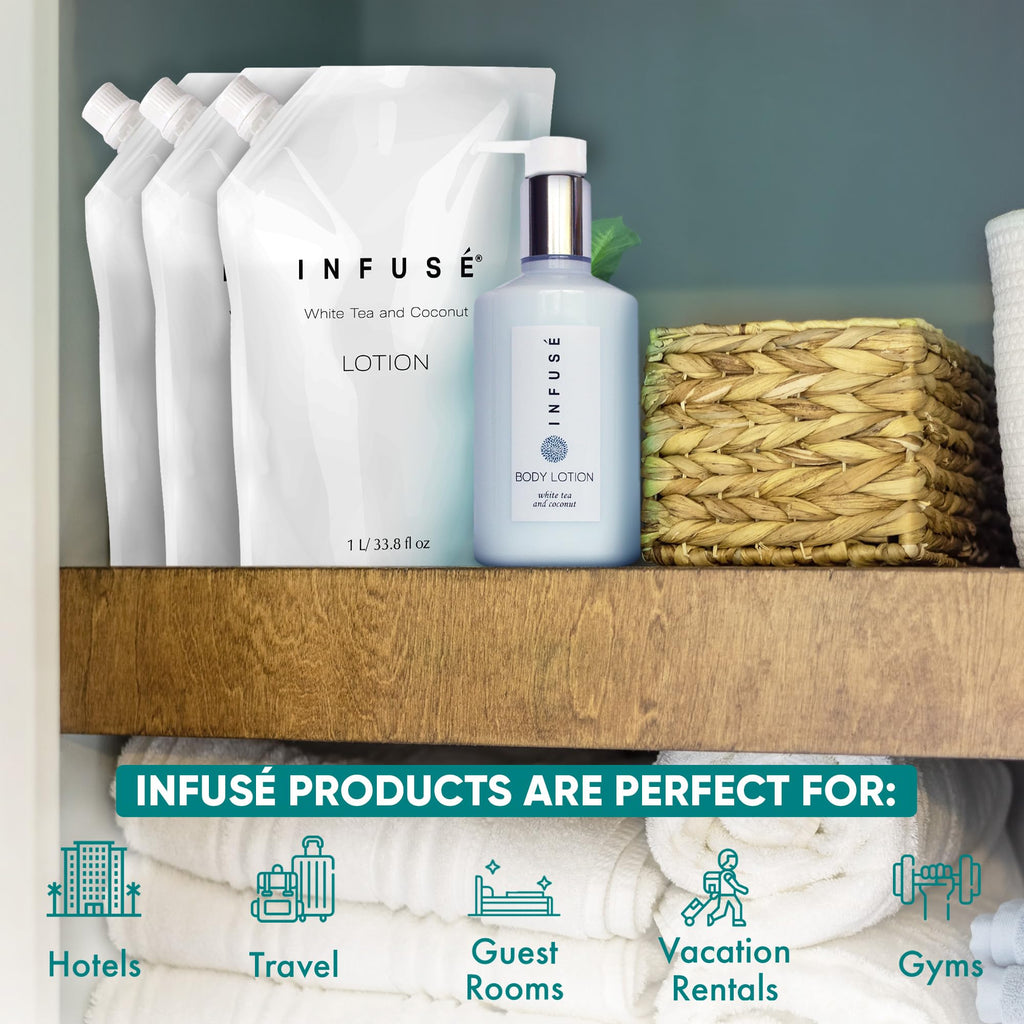INFUSÉ 1-Liter Lotion Refill Bag – White Tea & Coconut (Set of 3) | Bulk Toiletries for Hotels & Vacation Rentals