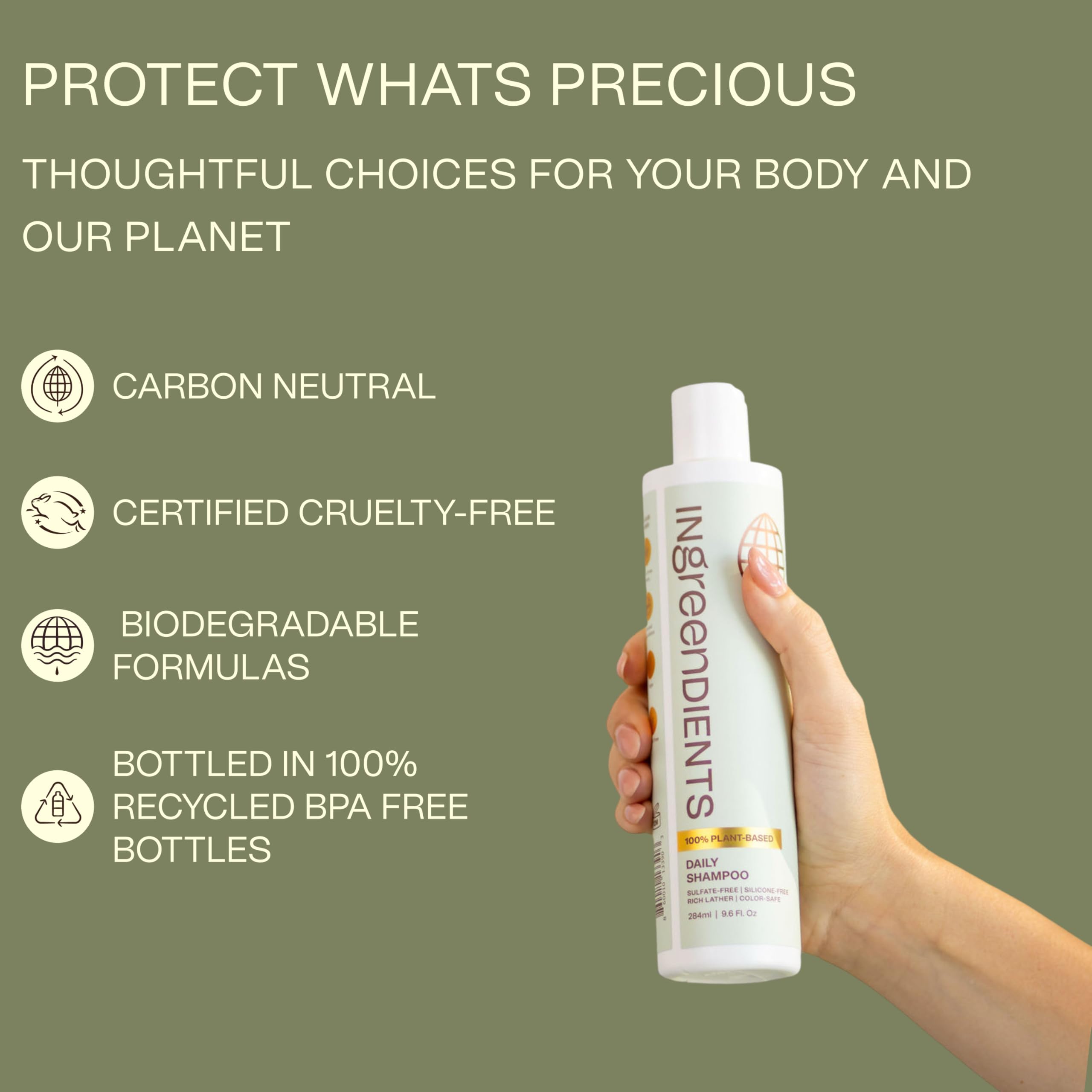 Ingreendients Natural Shampoo — Sulfate Free, Color Safe, Organic Plant-Derived Formula