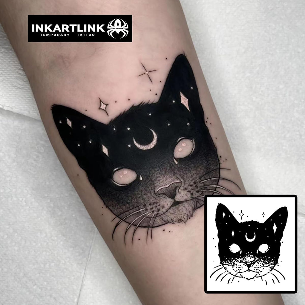 INKARTLINK Star Moon Cat Semi-Permanent Tattoos – Realistic, Waterproof, 7–14 Days