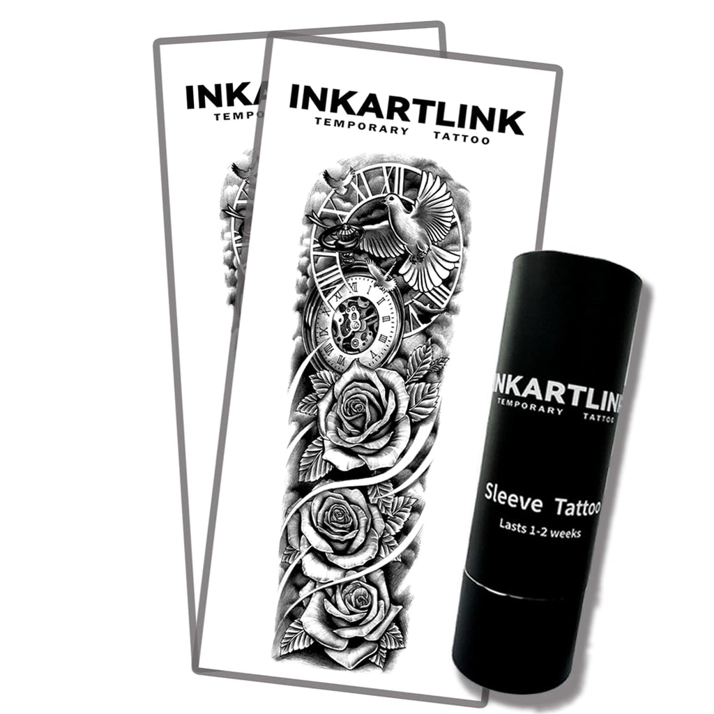 INKARTLINK Semi Permanent Tattoo – 2-Piece Full Arm Set with Anti-Transfer Sleeves | Waterproof, Lasts 7–15 Days (Rose, Dove of Peace, Clock)