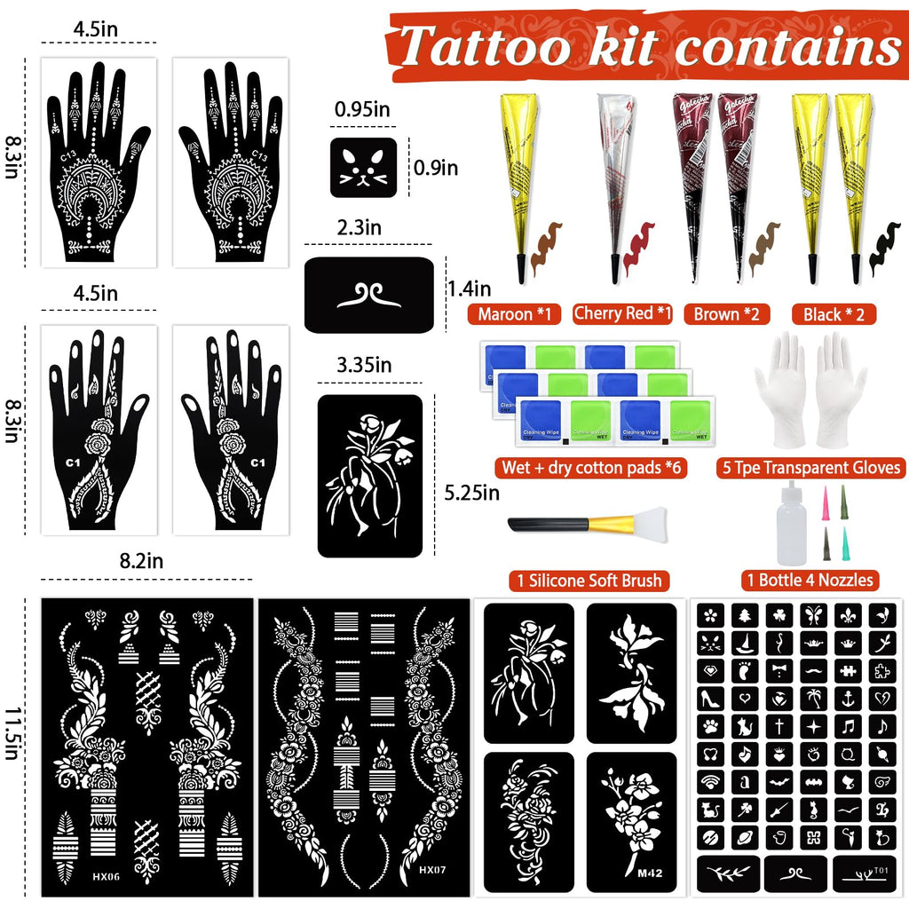 InkForge Temporary Stencil Tattoos Kit – 6 Cones, 4 Colors, Gloves & Brush