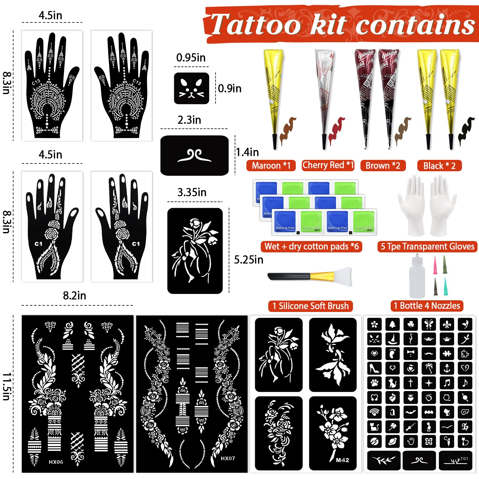 InkForge Temporary Stencil Tattoos Kit – 6 Cones, 4 Colors, Gloves & Brush
