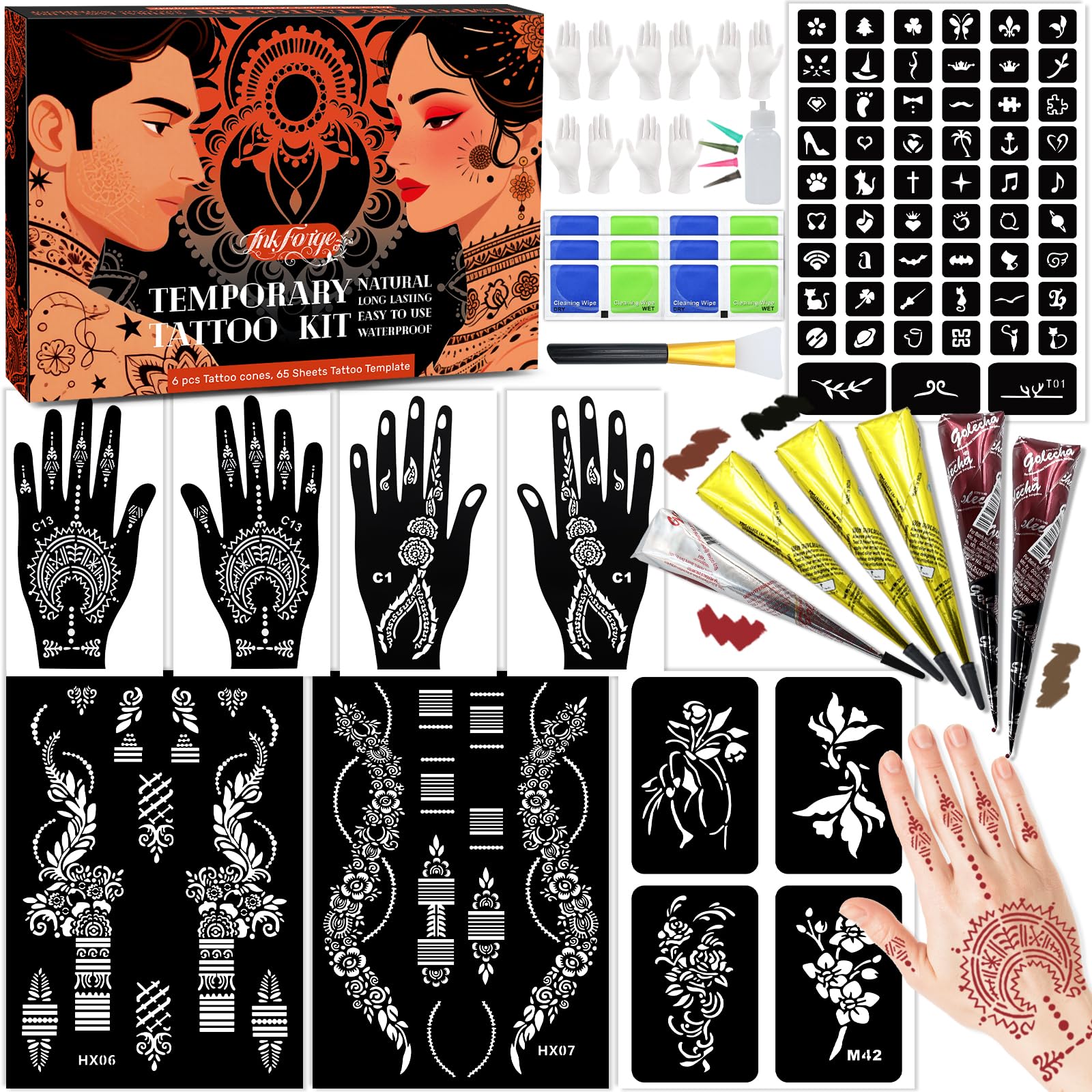 InkForge Temporary Stencil Tattoos Kit – 6 Cones, 4 Colors, Gloves & Brush