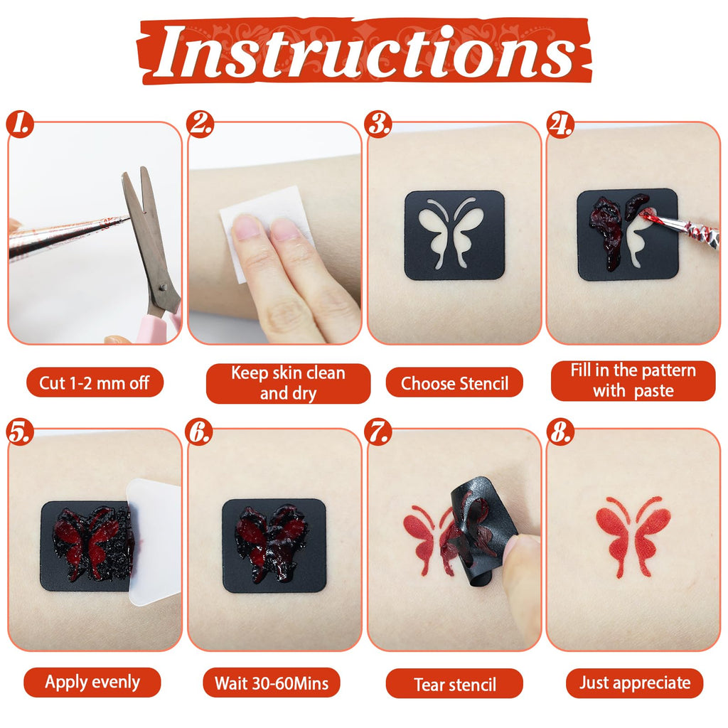 InkForge Temporary Stencil Tattoos Kit – 6 Cones, 4 Colors, Gloves & Brush