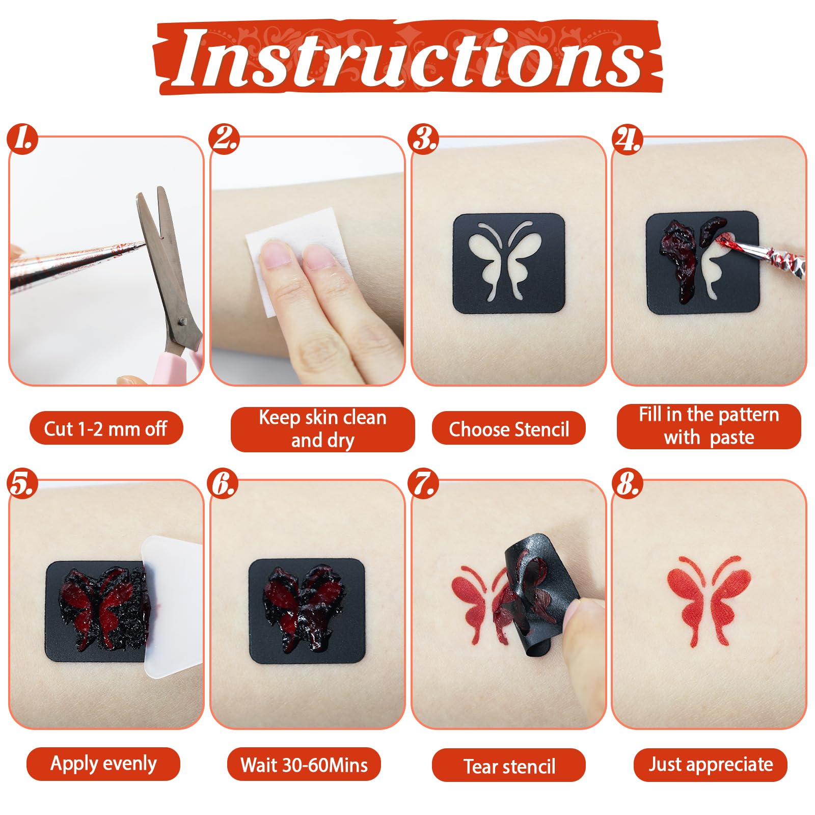 InkForge Temporary Stencil Tattoos Kit – 6 Cones, 4 Colors, Gloves & Brush