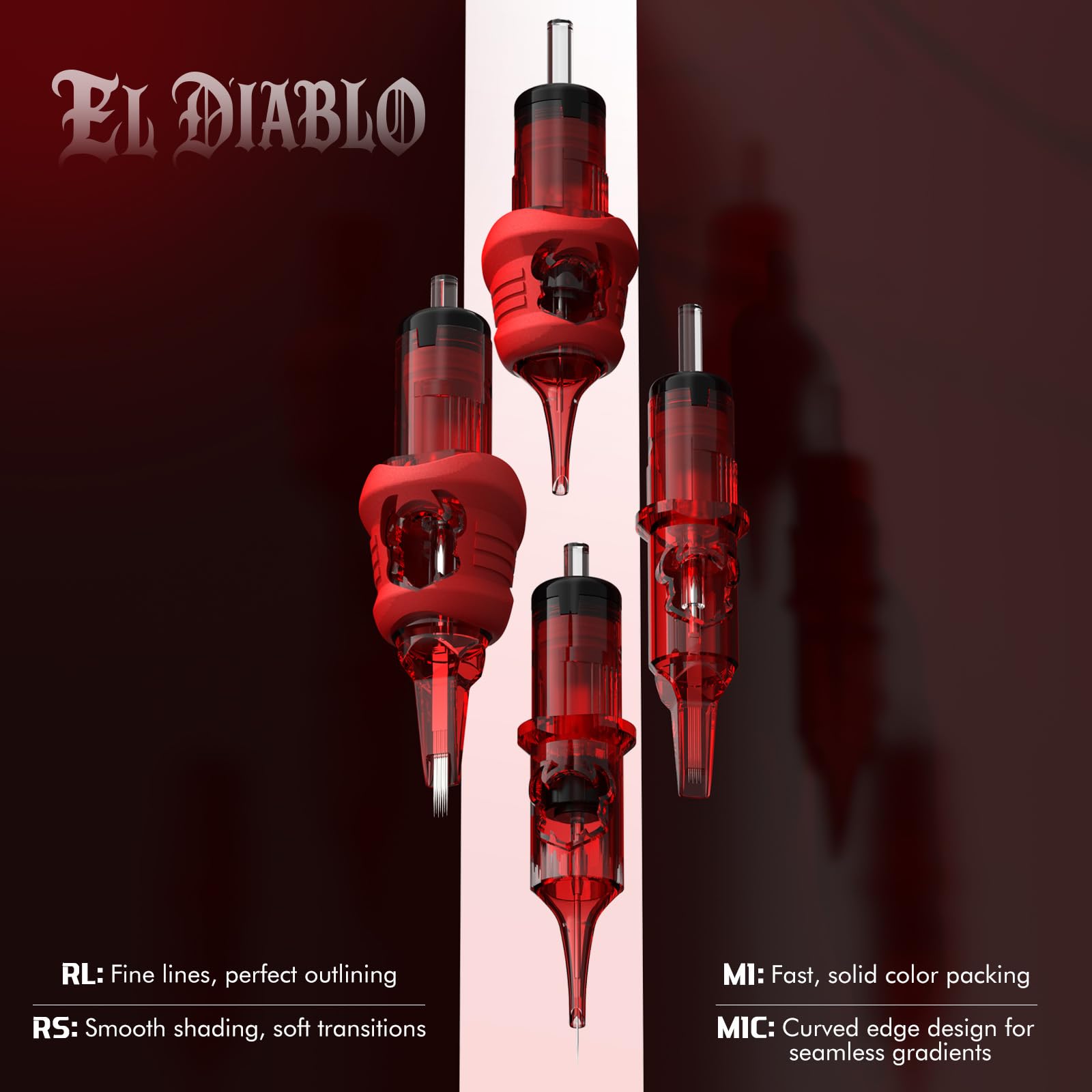 INKin 7RL EL Diablo Tattoo Cartridges – 12 Round Liner 0.35mm, 13mm Extended Tip, Silicone Grip