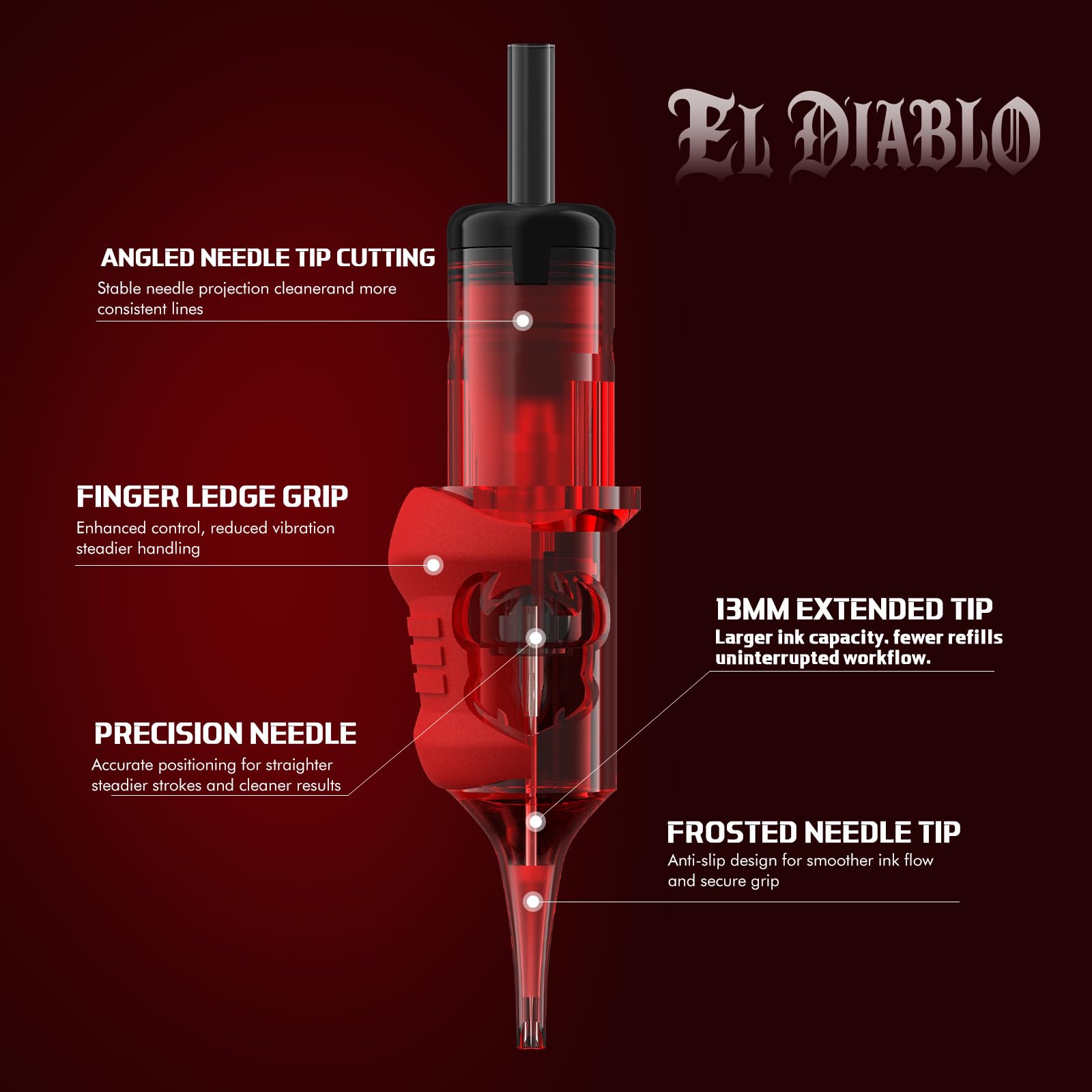INKin 7RL EL Diablo Tattoo Cartridges – 12 Round Liner 0.35mm, 13mm Extended Tip, Silicone Grip