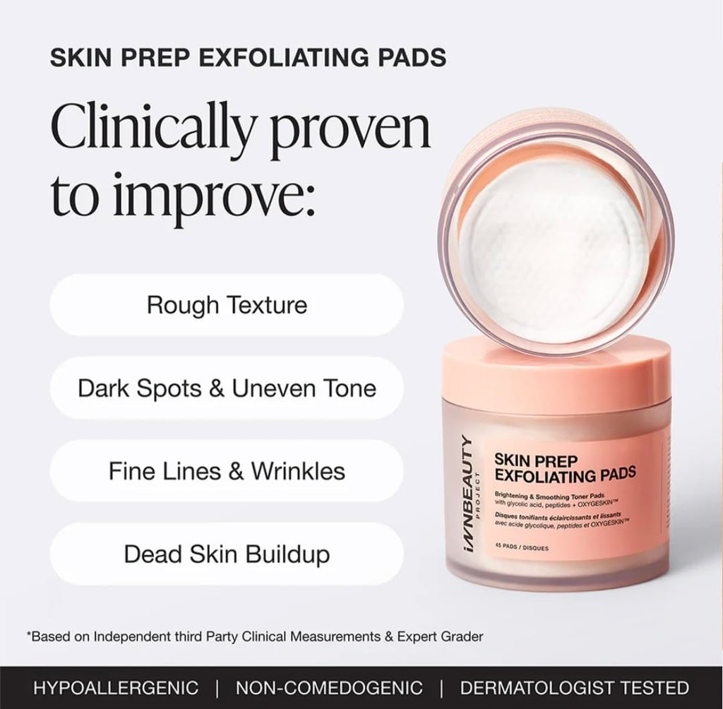 Innbeauty Project Skin Prep Exfoliating Pads — Brightening & Smoothing Toner Pads, Glycolic + Peptides, 45 Pads
