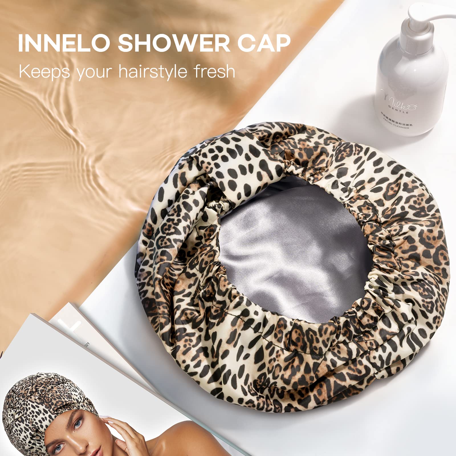 INNELO Luxury Shower Cap for Women – Reusable Double-Layer Waterproof Cap with Adjustable Elastic, Leopard Pattern