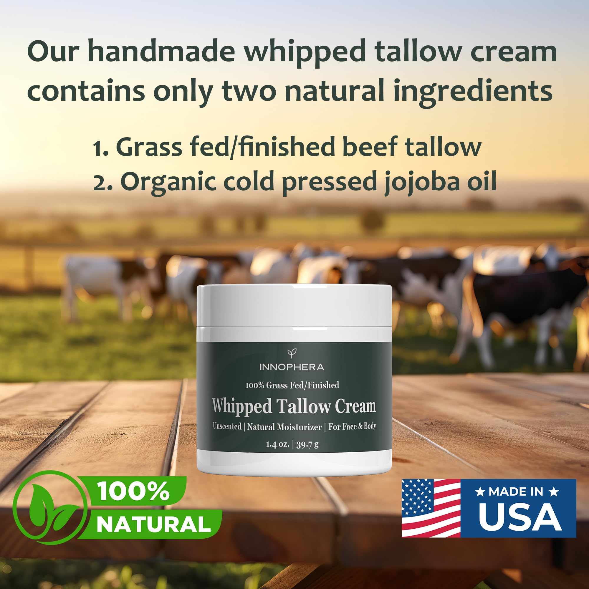Innophera Whipped Beef Tallow Cream – 100% Natural, Grass-Fed, Unscented Moisturizer for Sensitive Skin