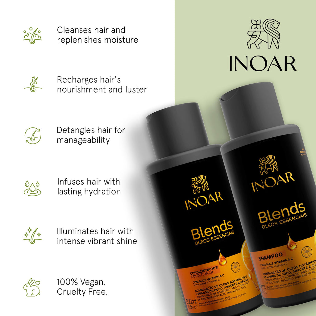 Inoar Blends Shampoo & Conditioner Kit – Vitamin C, Coconut, Avocado & Argan Oils | Deep Hydration & Shine | 16.9 oz Each