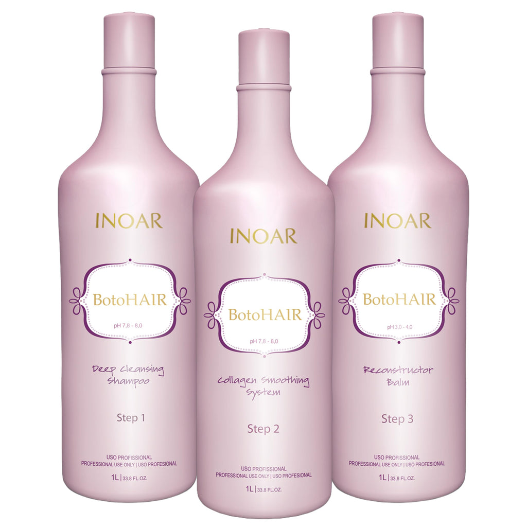 INOAR BotoHair Collagen Smoothing System with Keratin — Deep Cleansing Shampoo, Reconstructor Balm, 33.8 fl oz Each