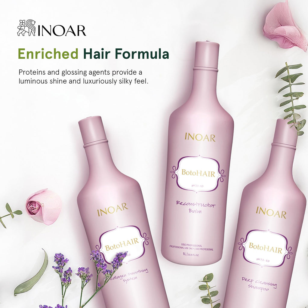 INOAR BotoHair Collagen Smoothing System with Keratin — Deep Cleansing Shampoo, Reconstructor Balm, 33.8 fl oz Each