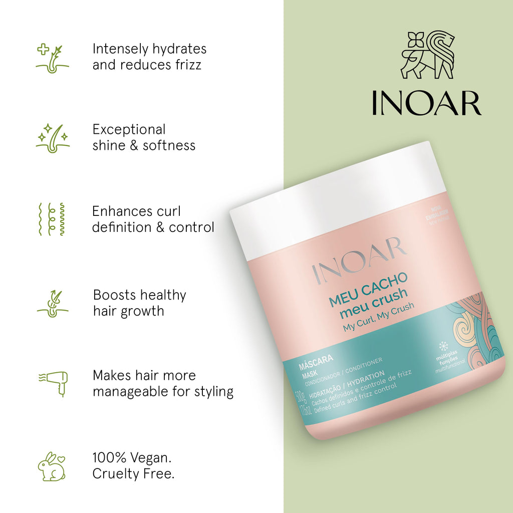 INOAR Meu Cacho Meu Crush Hair Mask — Plant-Based Collagen & Vitamin E for Deep Hydration & Curl Definition (17.6 oz)