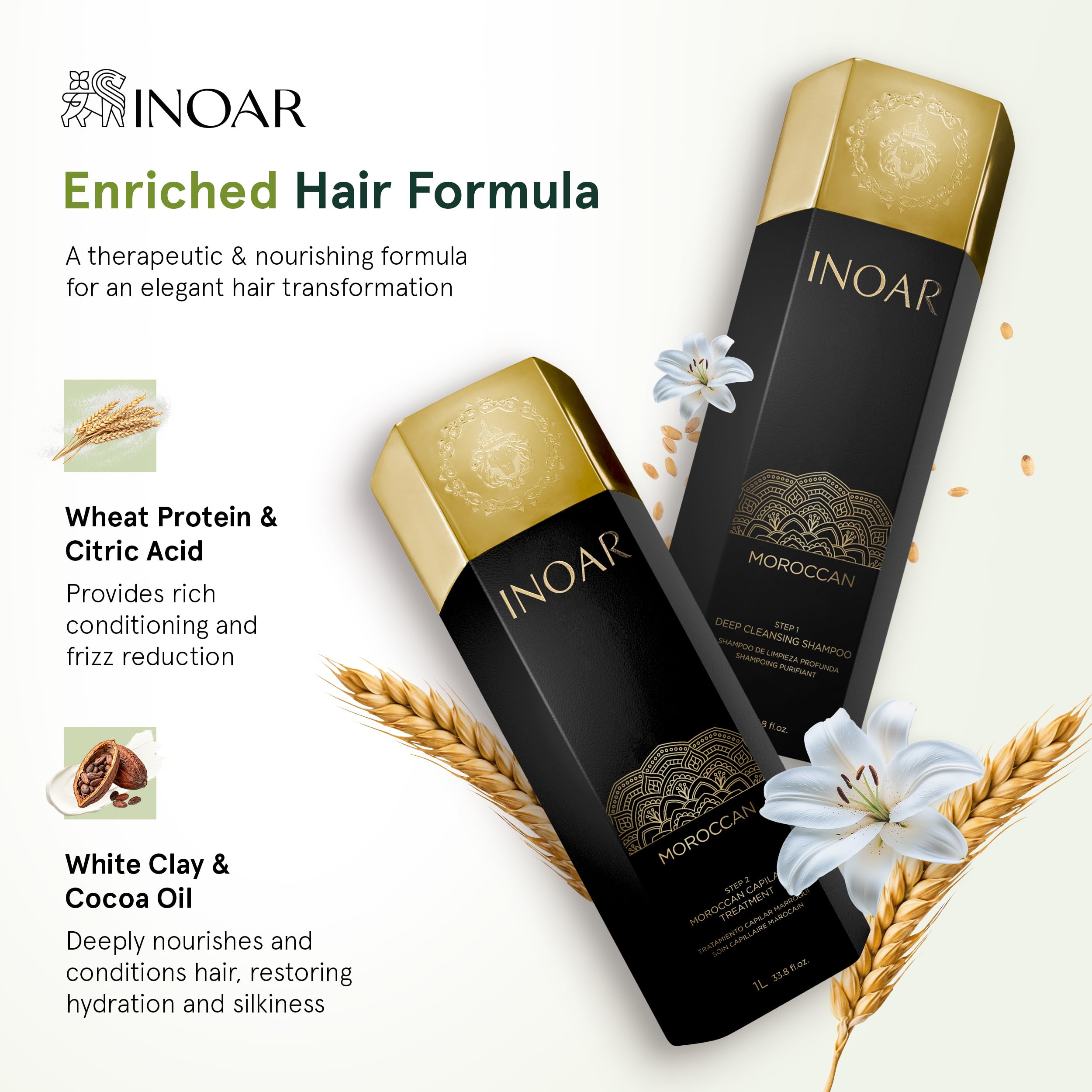 INOAR Moroccan Premium Treatment Step 2 – Keratin with White Clay & Cocoa Oil for Frizz Reduction & Hair Smoothing