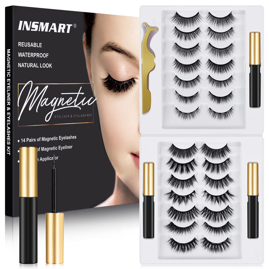 INSMART Magnetic Eyelashes - 14 Pairs, 3 Magnetic Eyeliner Tubes, Reusable