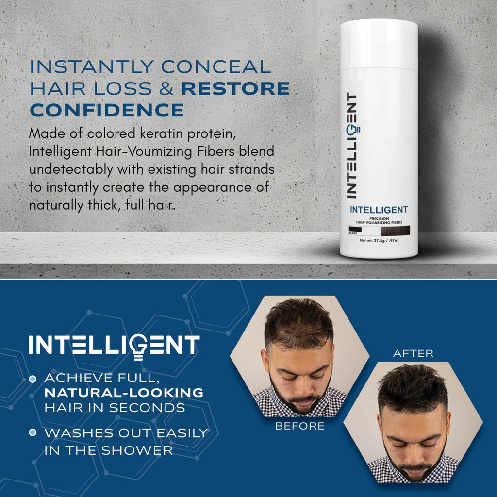 Intelligent Precision Hair-Volumizing Fibers (Black) – 27.5g | 6 Shades for Men or Women | Intelligent Shop