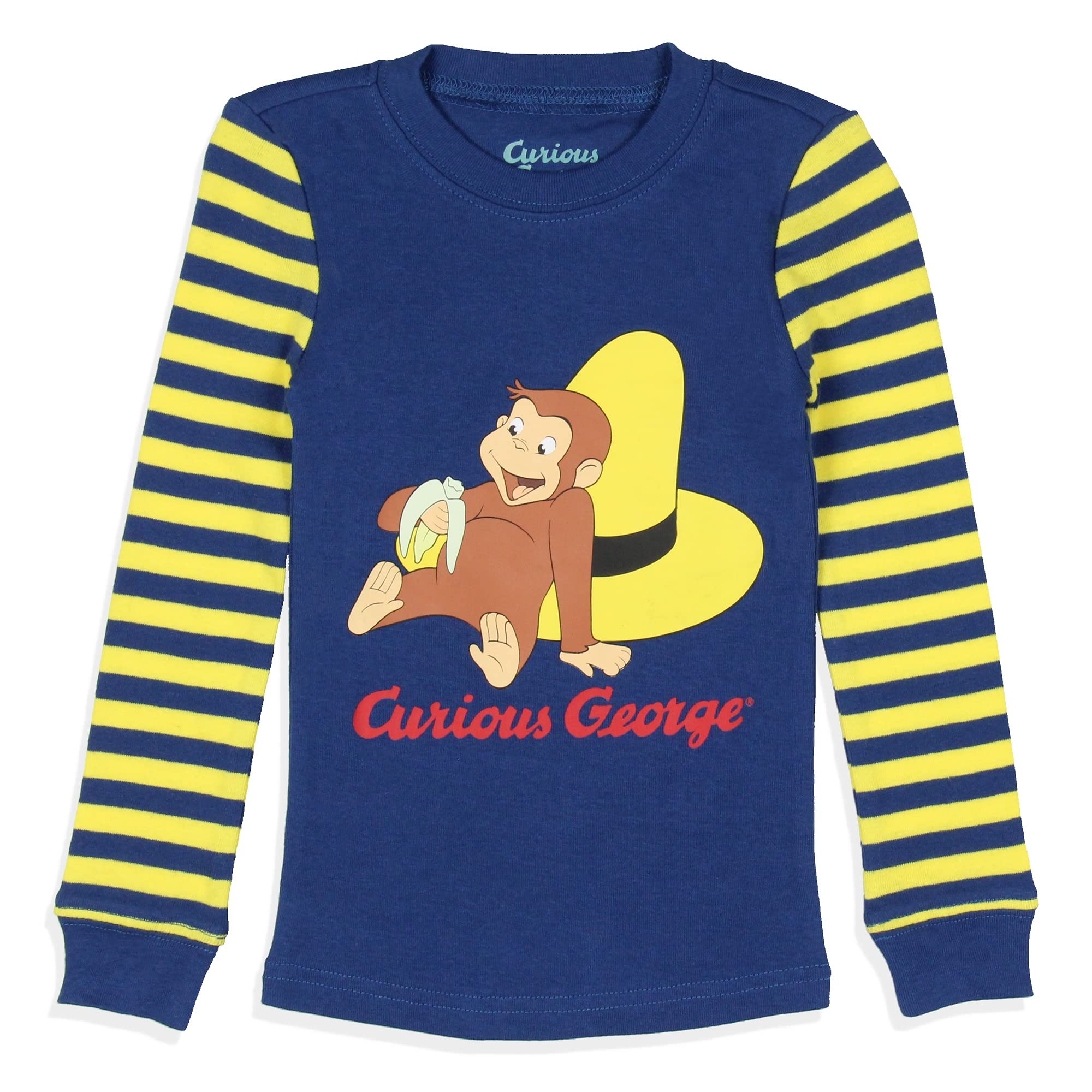 INTIMO Curious George Toddler Boys' Tight Fit Banana Stripe Sleep Pajama Set – Long Sleeves & Pants, Blue (5T)