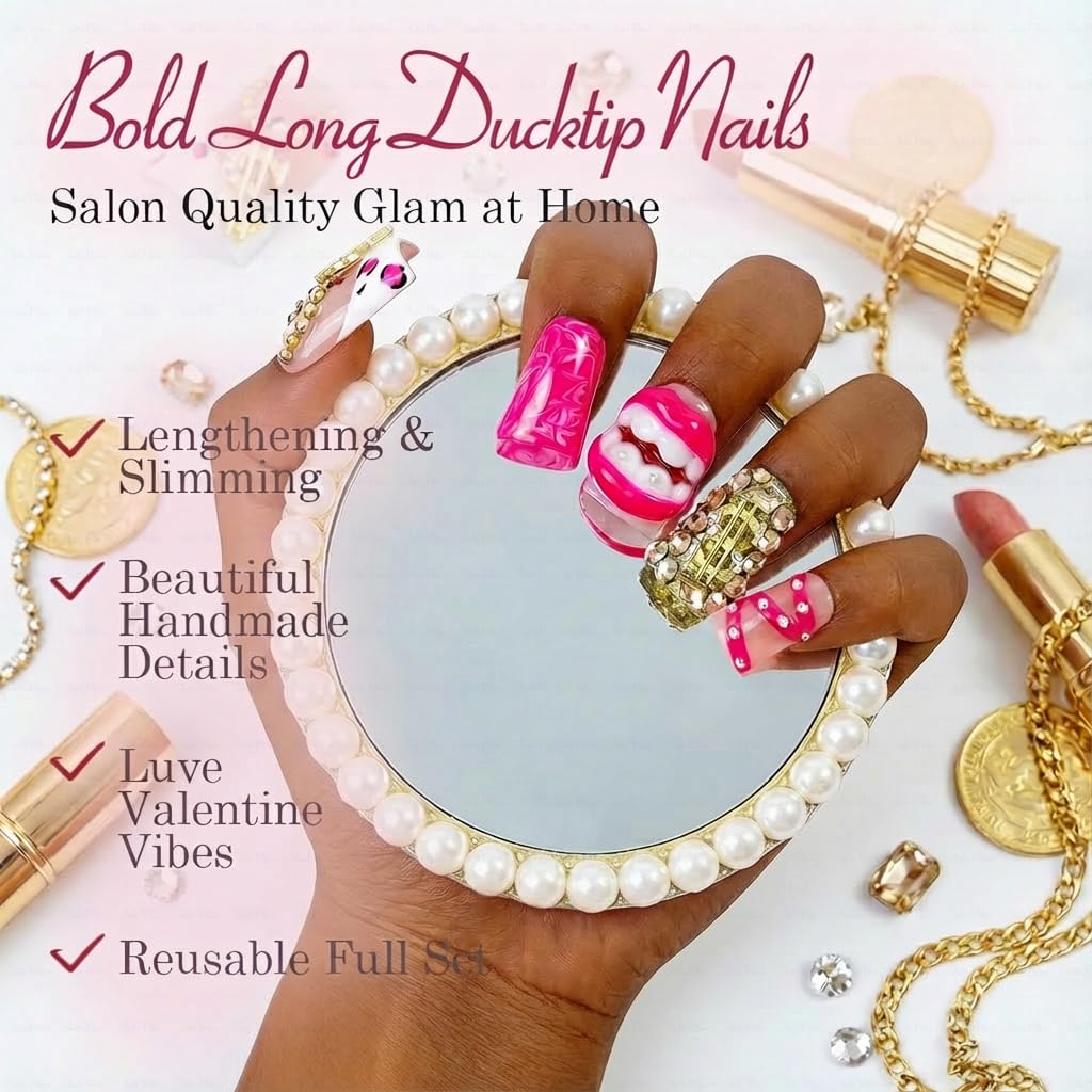 IntoVibes 10-Piece Luxury Acrylic Press-On Nails — Short Duck Shape, Pink, Reusable