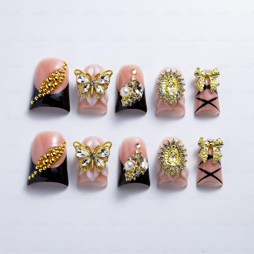 IntoVibes Luxury Duck Shape Press On Nails – Short Pink & Black with Gold Butterflies & Bows (Reusable)