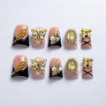 IntoVibes Luxury Duck Shape Press On Nails – Short Pink & Black with Gold Butterflies & Bows (Reusable)
