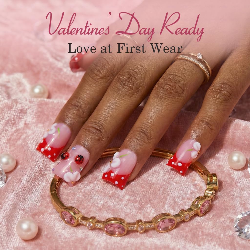 IntoVibes 10 Pieces Luxury Acrylic Press-On Nails – Short Duck Shape with 3D Petals & Ladybugs (Reusable, Valentine’s Day Nails) | L