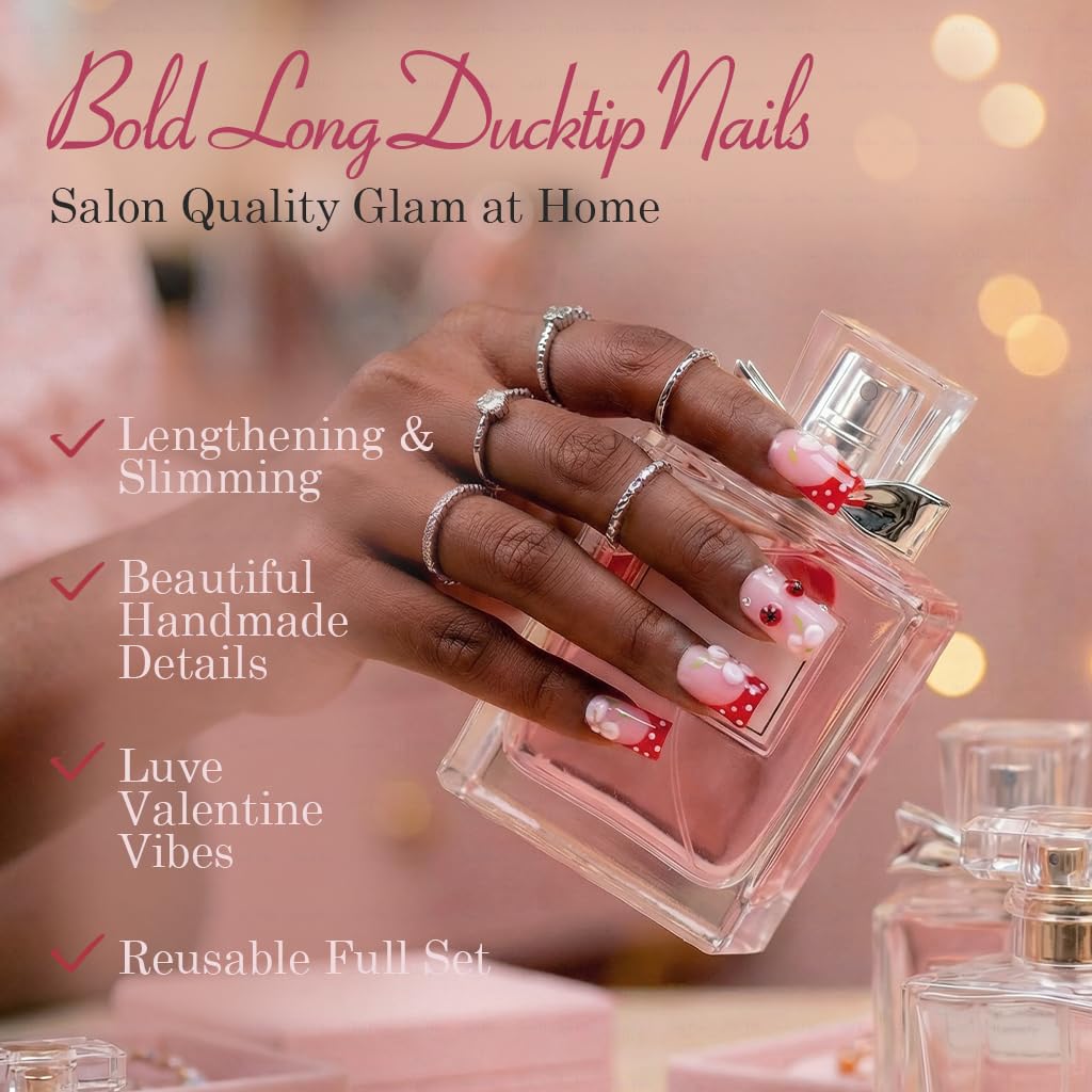 IntoVibes 10 Pieces Luxury Acrylic Press-On Nails – Short Duck Shape with 3D Petals & Ladybugs (Reusable, Valentine’s Day Nails) | L