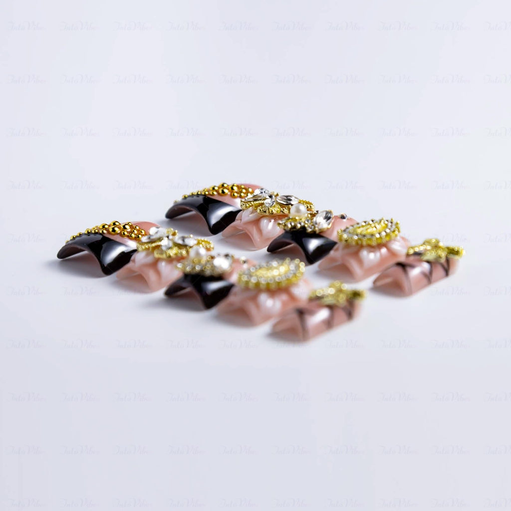 IntoVibes Luxury Duck Shape Press On Nails – Short Pink & Black with Gold Butterflies & Bows (Reusable)