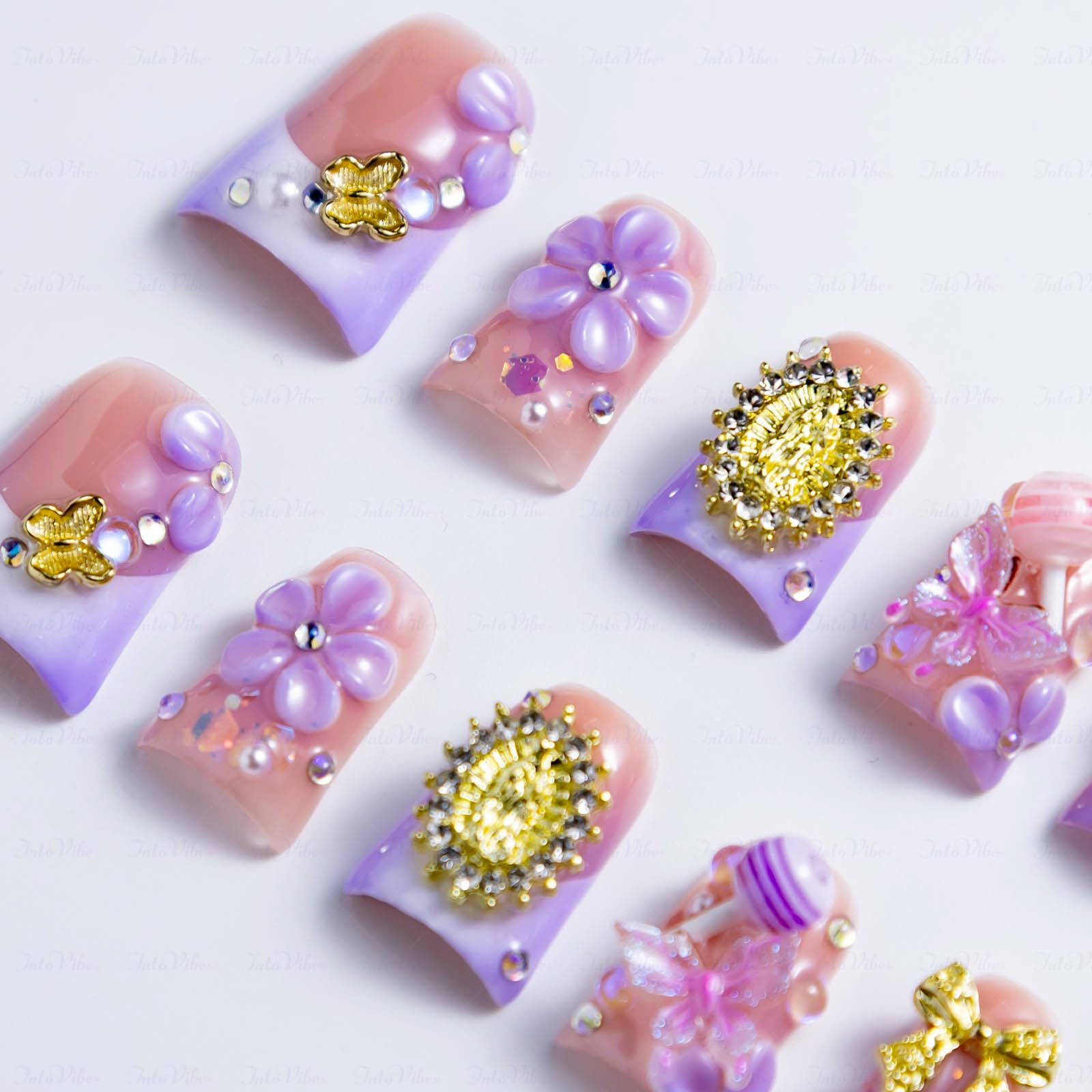 IntoVibes 10-Piece Luxury Acrylic Press-On Nails – Short Duck Shape, Pink & Purple, 3D Flowers, Bowknots, Reusable (Size L)