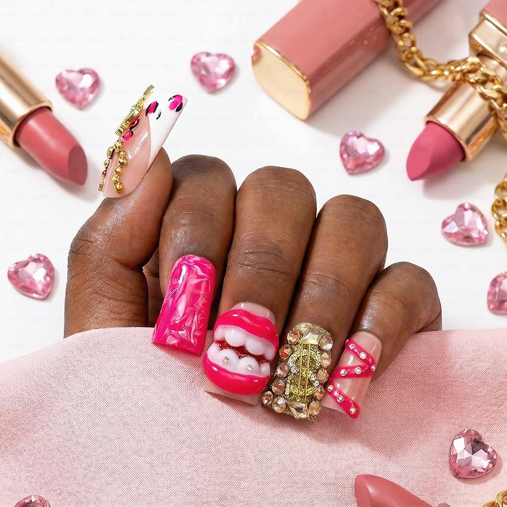 IntoVibes 10-Piece Luxury Acrylic Press-On Nails — Short Duck Shape, Pink, Reusable