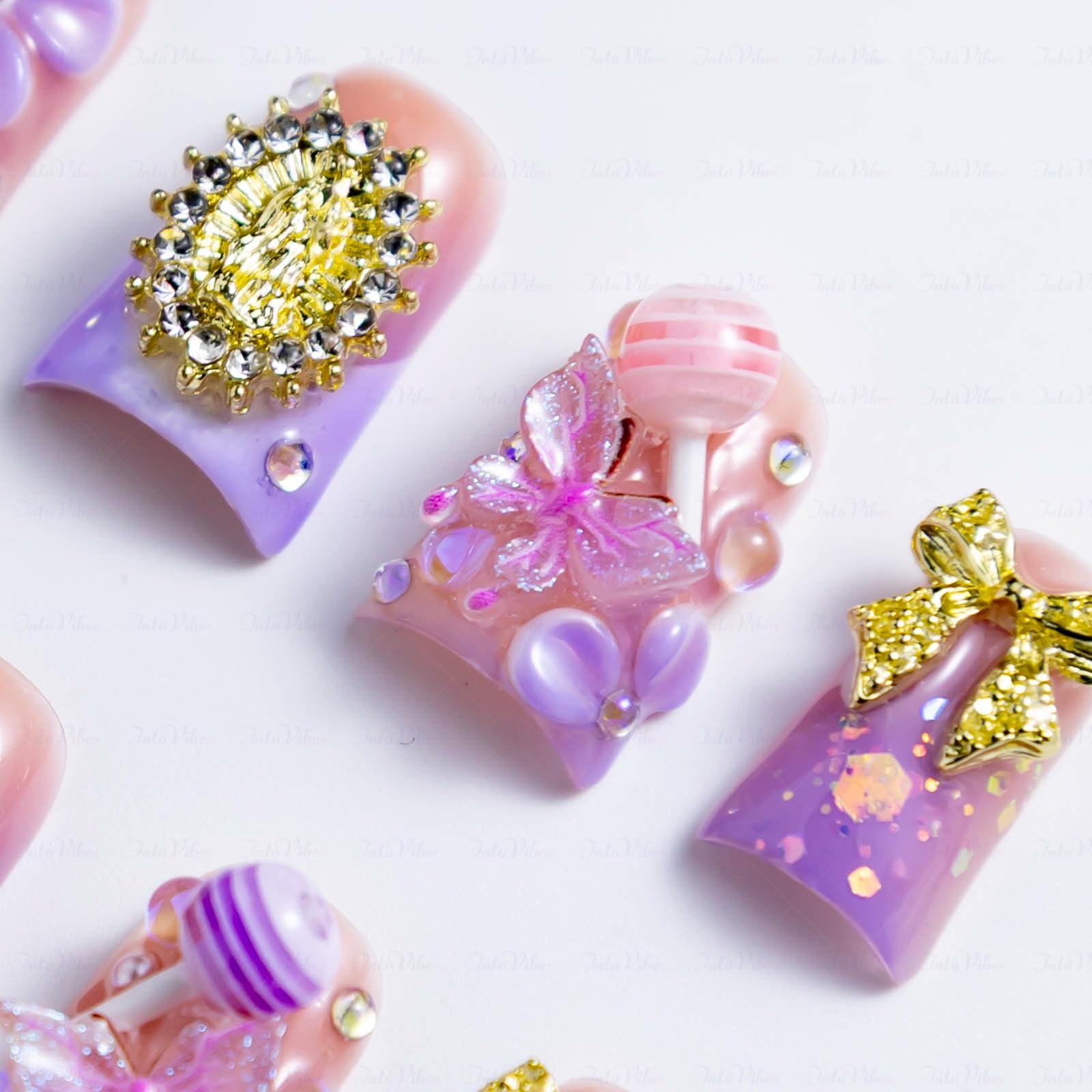 IntoVibes 10-Piece Luxury Acrylic Press-On Nails – Short Duck Shape, Pink & Purple, 3D Flowers, Bowknots, Reusable (Size L)
