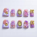 IntoVibes 10-Piece Luxury Acrylic Press-On Nails – Short Duck Shape, Pink & Purple, 3D Flowers, Bowknots, Reusable (Size L)
