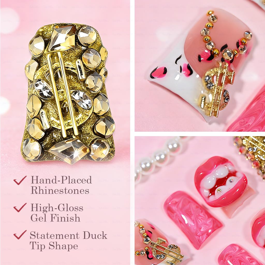 IntoVibes 10-Piece Luxury Acrylic Press-On Nails — Short Duck Shape, Pink, Reusable