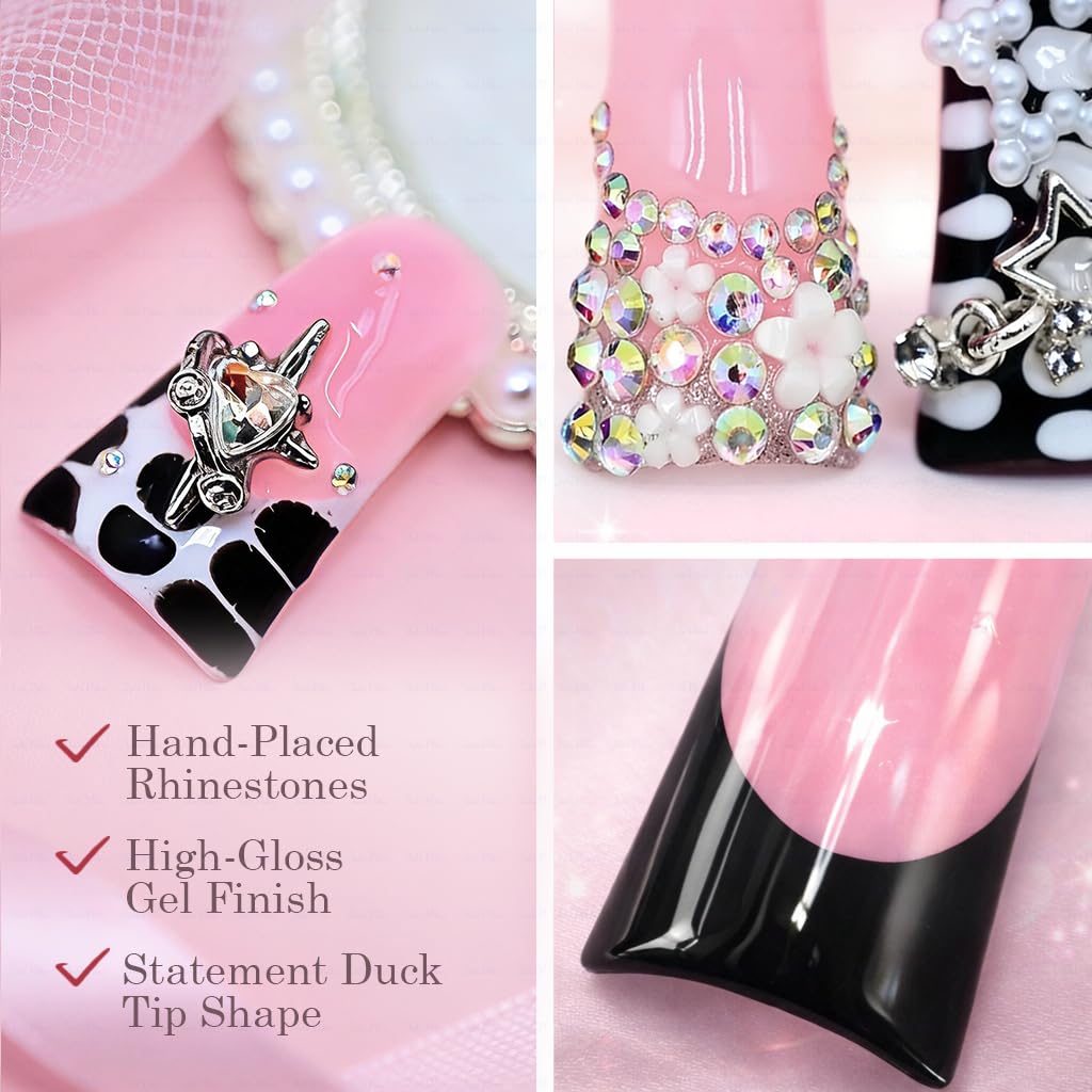 IntoVibes 10-Piece Luxury Acrylic Press On Nails — Long Duck Shape with 3D Bowknot & Stars, Reusable
