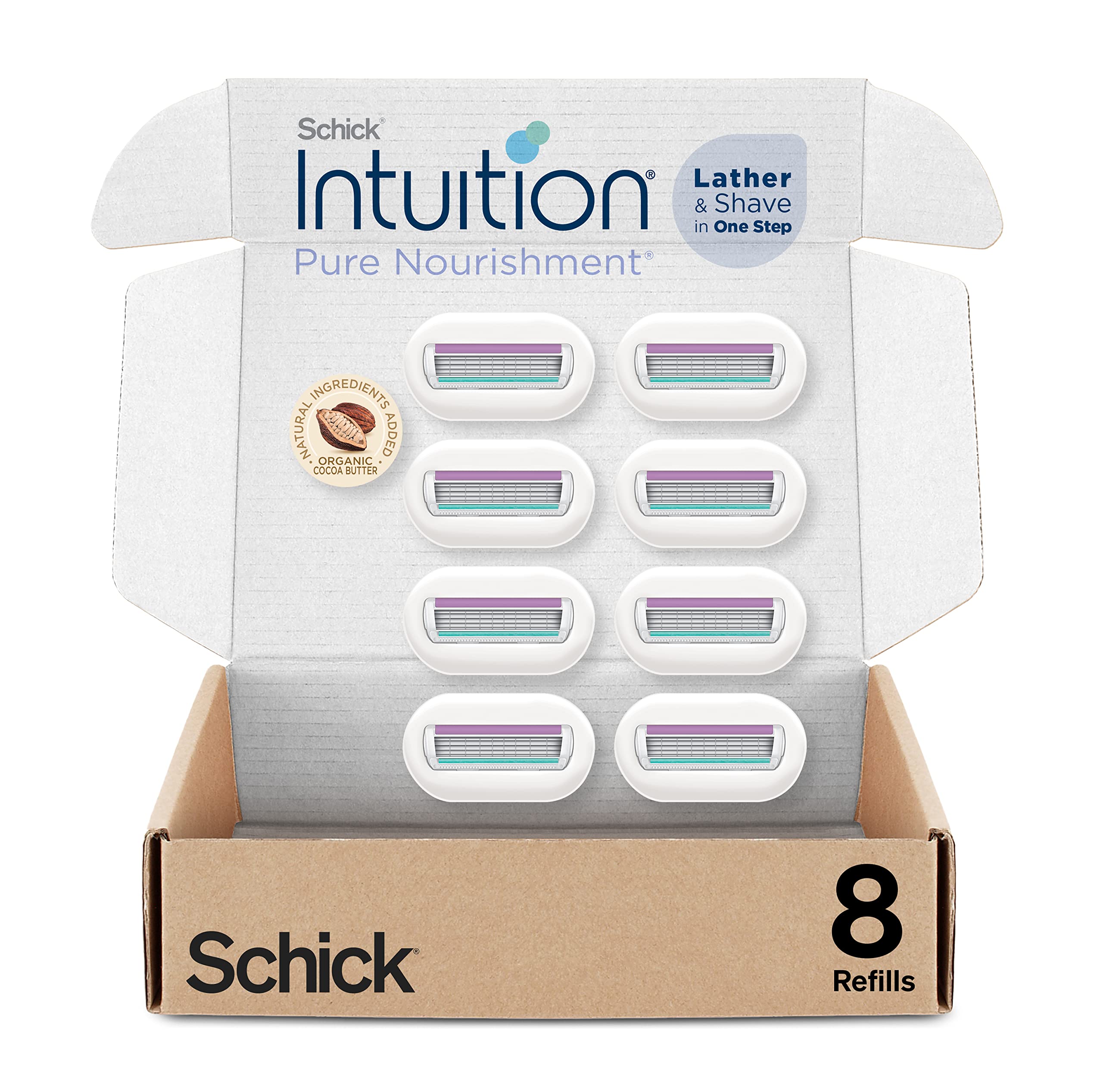 INTUITION Pure Nourishment Razor Refills – 8-Count for No-Shave-Cream Lather and Cocoa Butter Moisturizing Bar