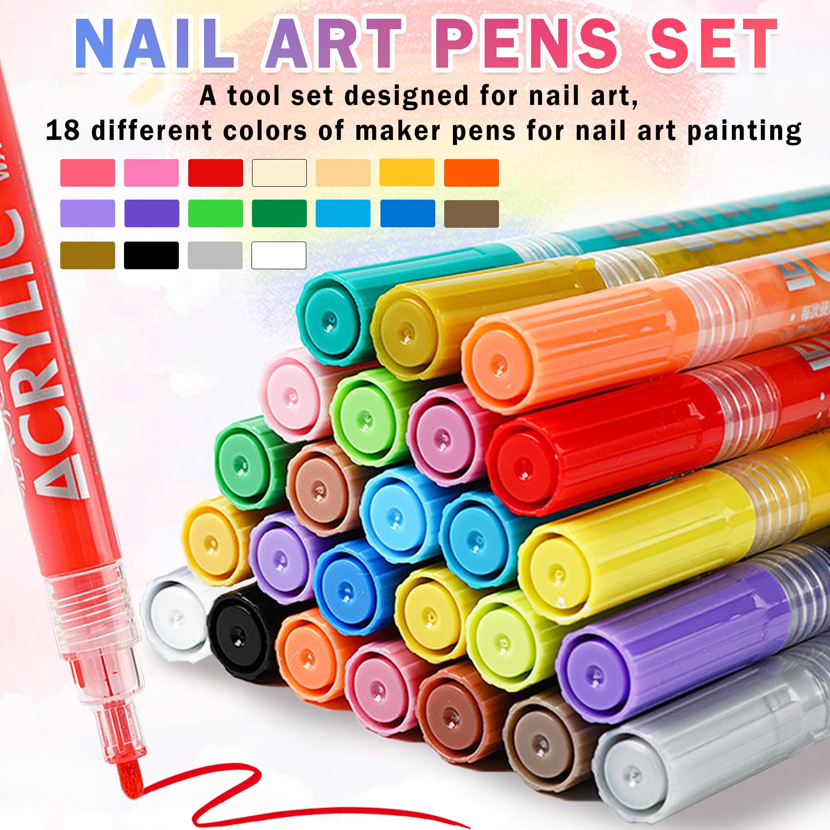 IONSGAKO 18 Colors Nail Art Pens Set – Quick-Dry, Waterproof DIY Nail Markers
