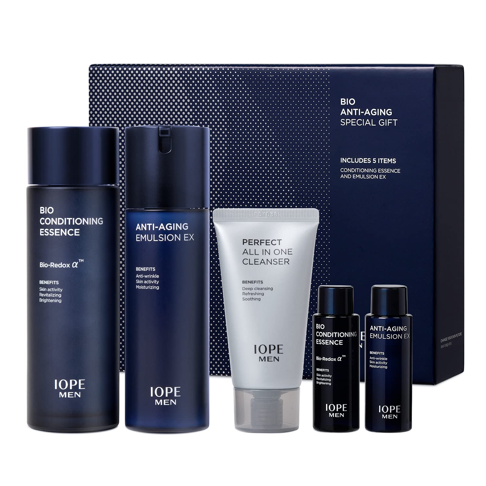 IOPE Men BIO Anti-aging & Moisturizing Skincare Set | Cleanser, Emulsion, Conditioning Essence Serum & Soothing Aftershave (HOMME by Amorepacific)