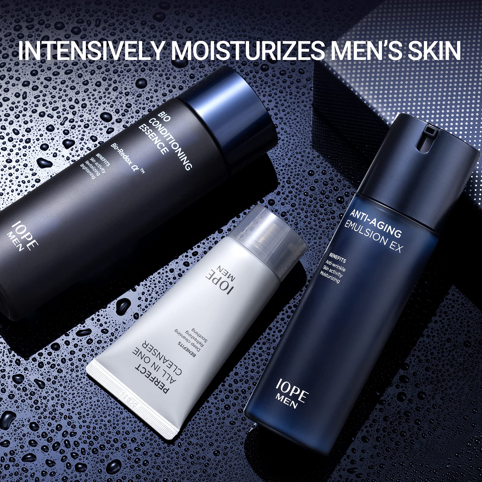 IOPE Men BIO Anti-aging & Moisturizing Skincare Set | Cleanser, Emulsion, Conditioning Essence Serum & Soothing Aftershave (HOMME by Amorepacific)