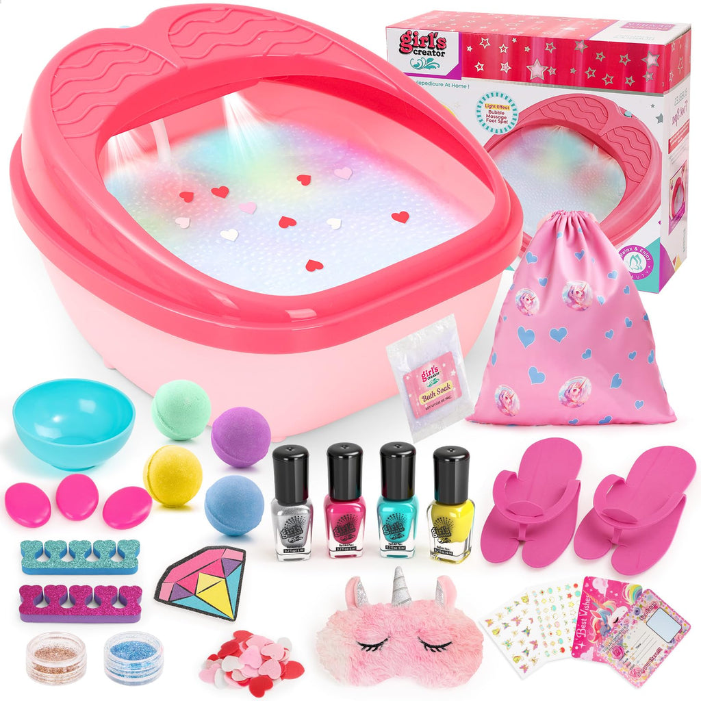 IPOOLTENG Kids Foot Spa & Nail Art Kit – Colorful Lights, All-in-One Spa Kit for Girls Aged 4–12