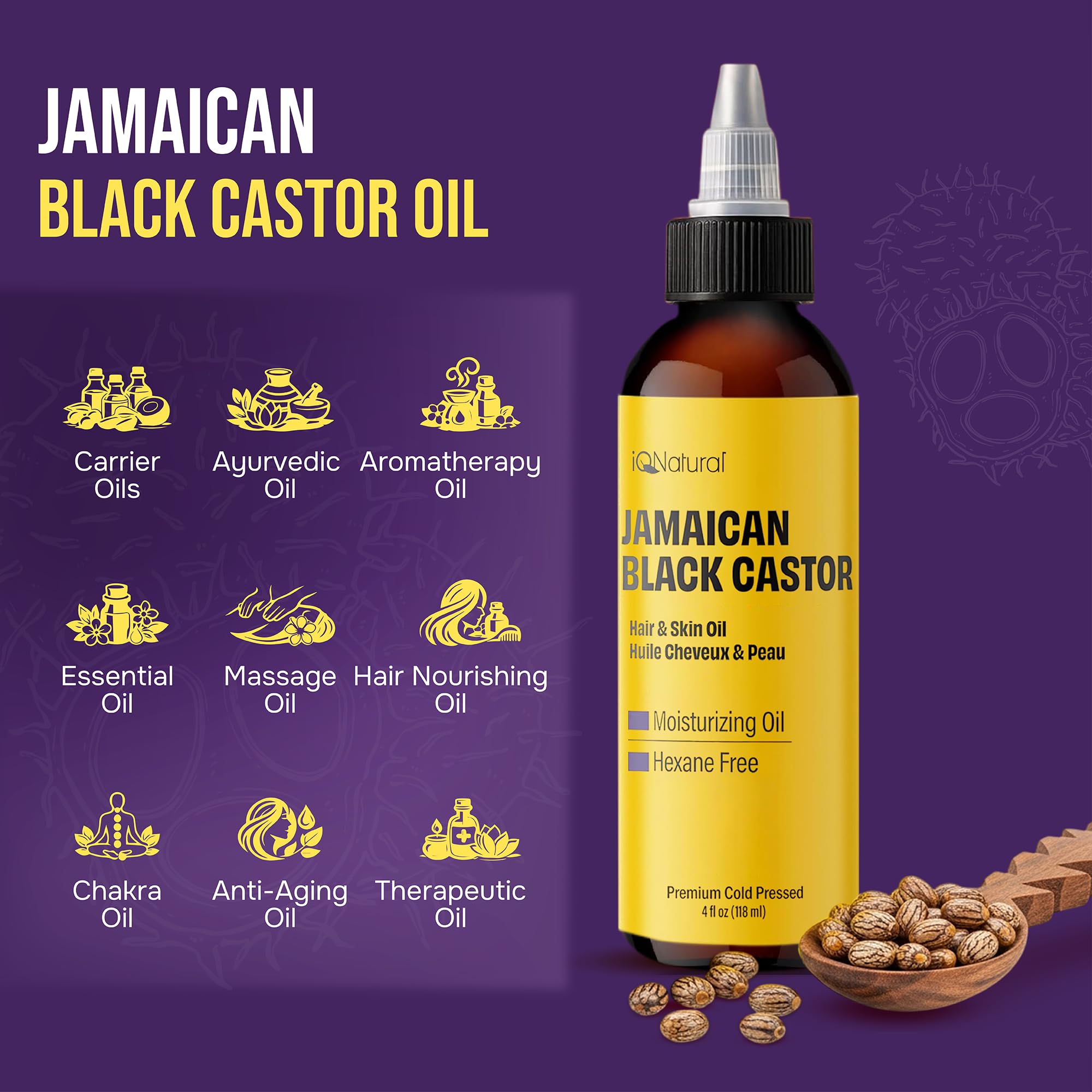 IQ Natural Jamaican Black Castor Oil - 2 Pack Unscented 4oz | Hair Conditioning & Skin Care