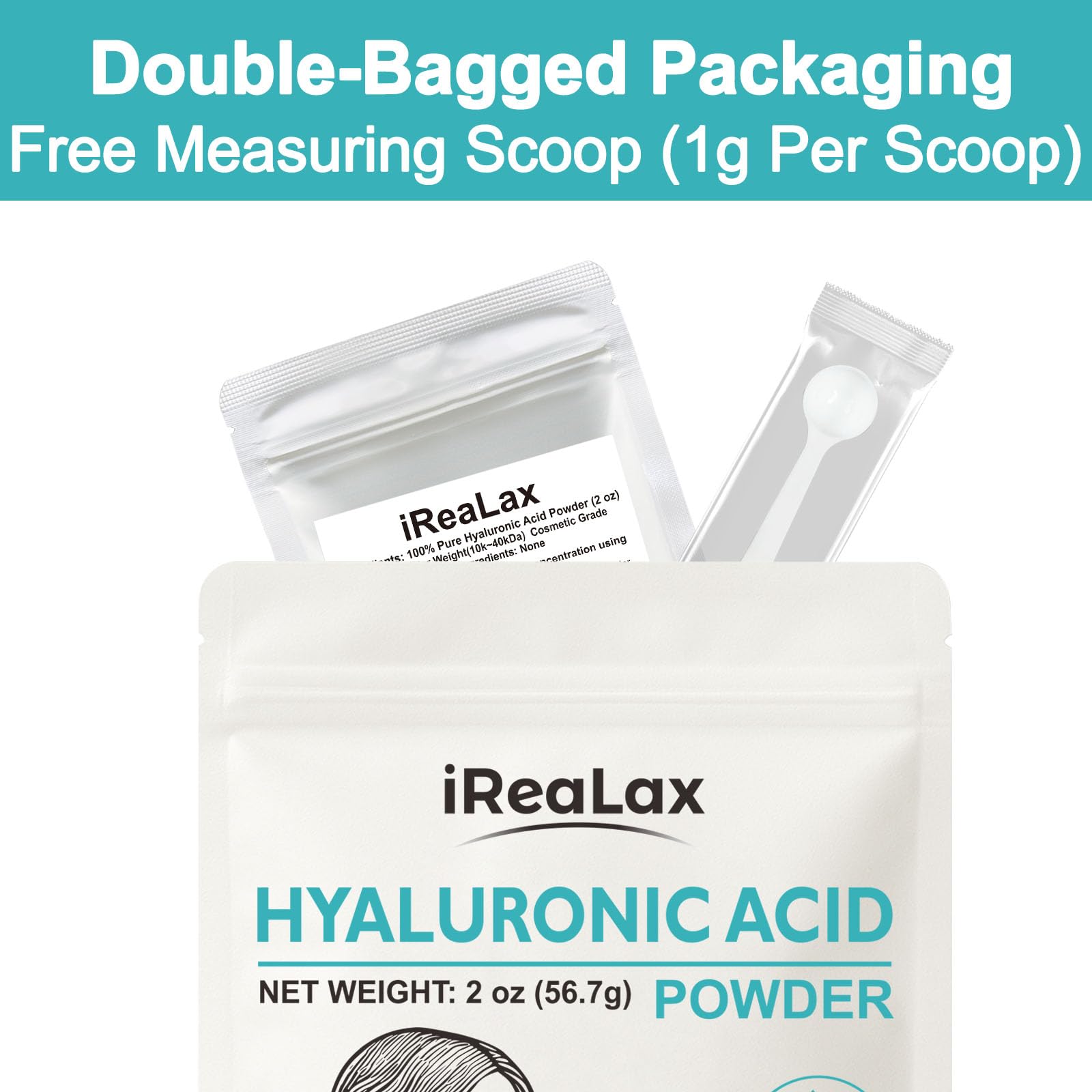 iReaLax Hyaluronic Acid Powder – Low Molecular Weight HA for DIY Serums | 2oz Cosmetic Grade | Sodium Hyaluronate