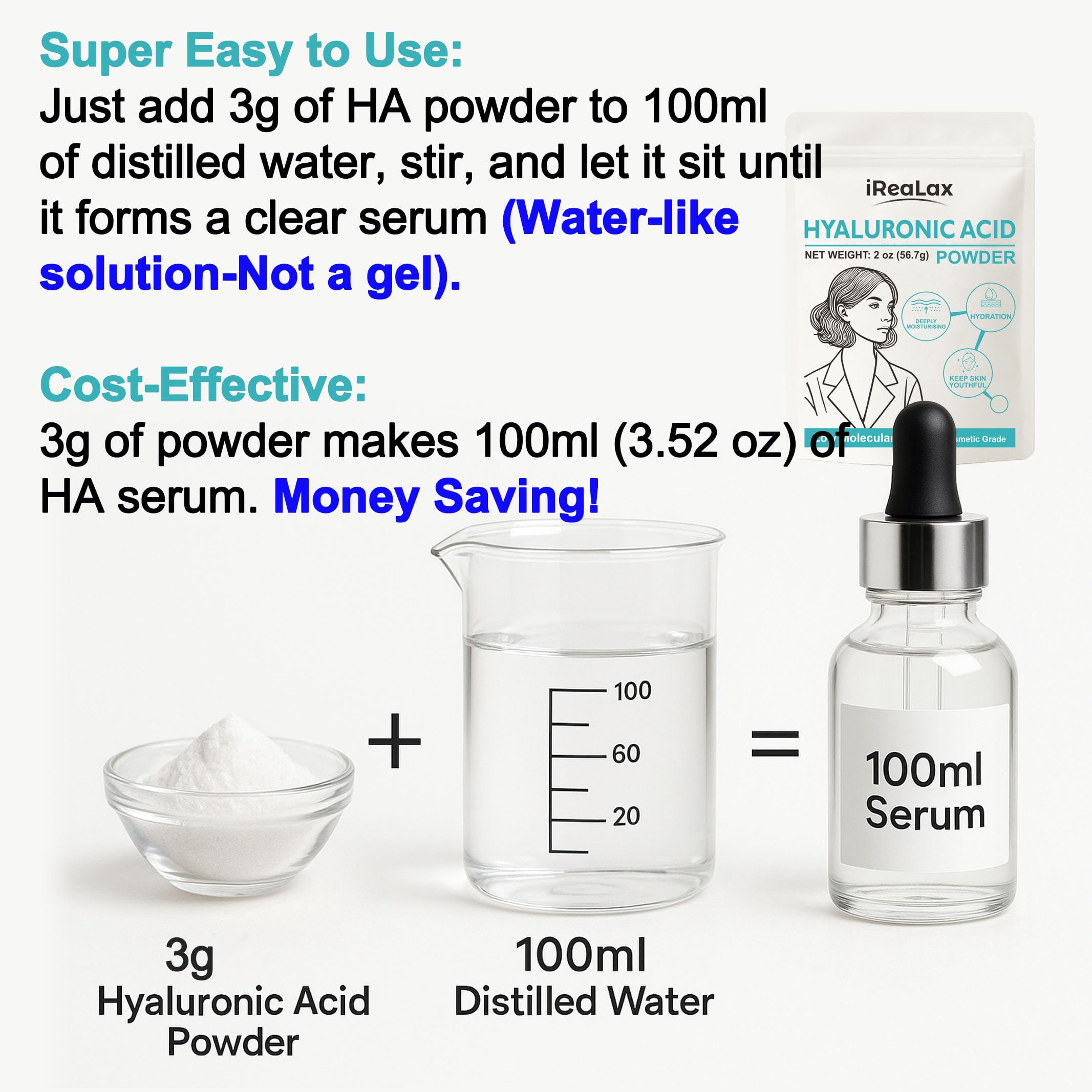 iReaLax Hyaluronic Acid Powder – Low Molecular Weight HA for DIY Serums | 2oz Cosmetic Grade | Sodium Hyaluronate