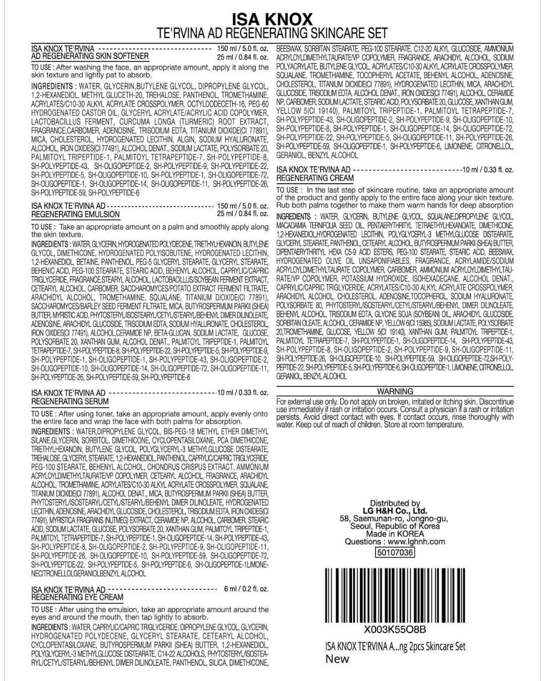 ISA KNOX TE'RVINA AD Regenerating Skincare Set (12.7 fl oz) — Hydrating Toner & Emulsion + Serum, Eye Cream, Cream | Placenta Powerhouse