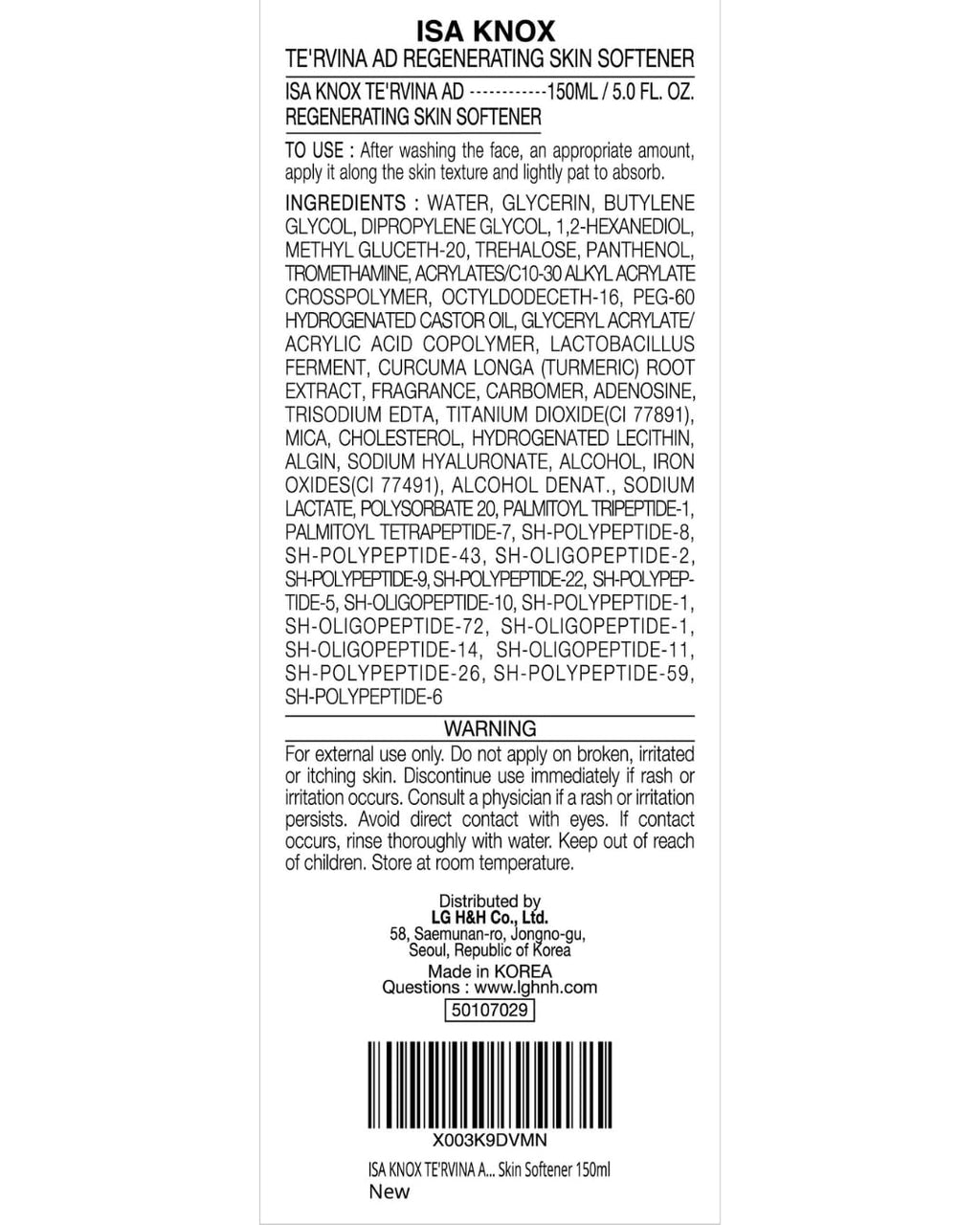 ISA KNOX TE'RVINA AD Regenerating Skin Softener – Hydrating Toner by LG Beauty (5.1 oz) with Placenta & Rose Absolute