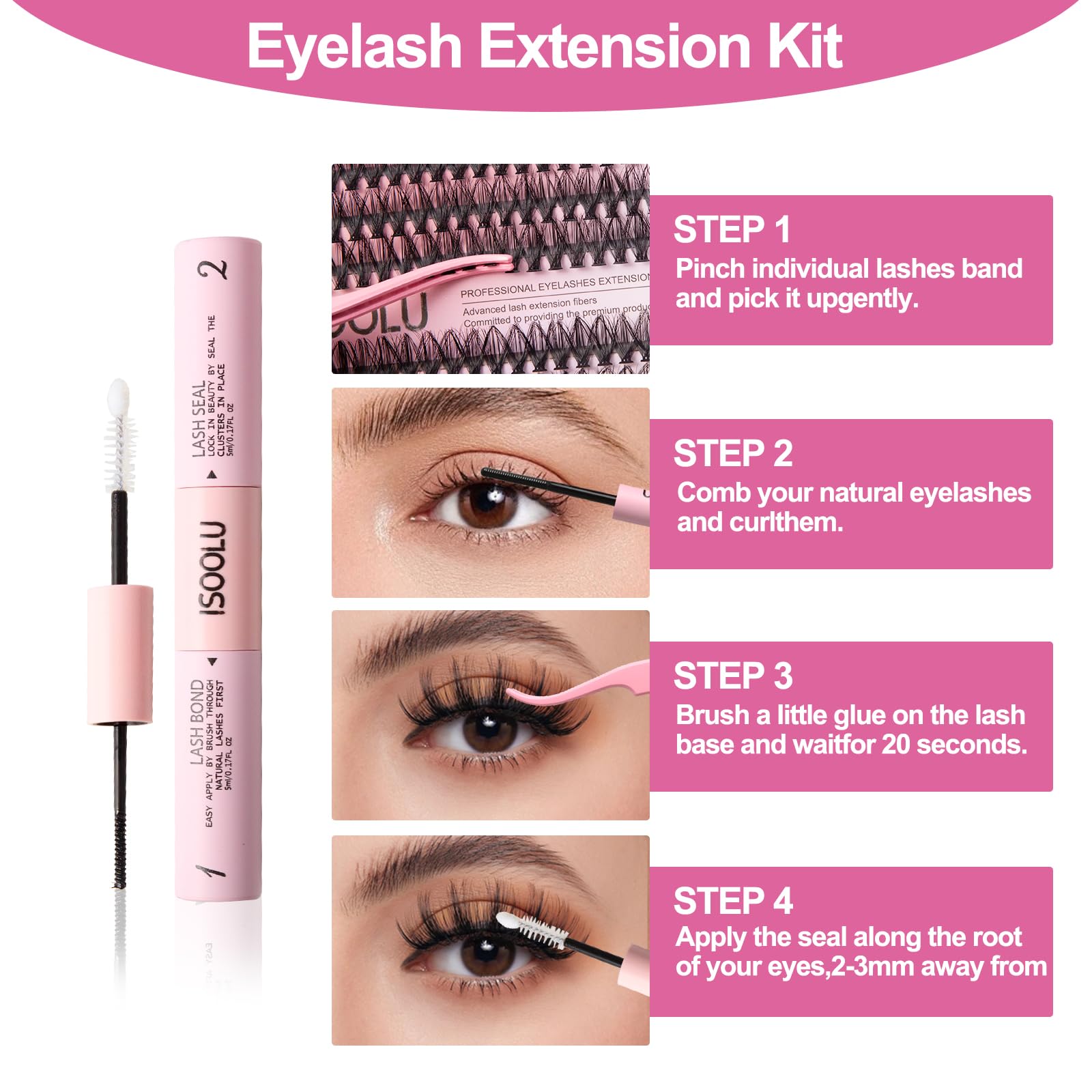 ISOOLU Fairy Lash Clusters Kit – DIY Lashes with Bond & Seal, 50D 9-16mm