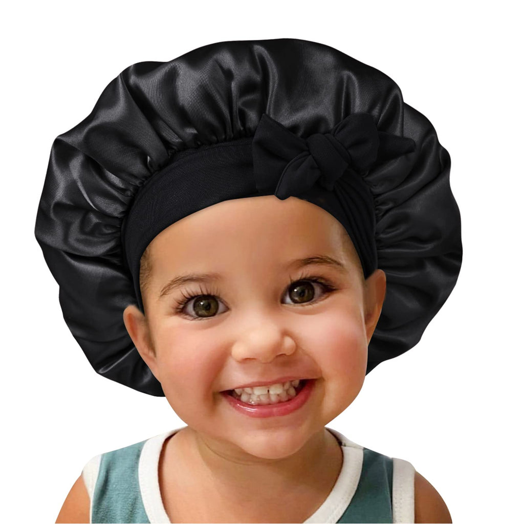 Isshin Beauty Satin Silk Bonnet for Kids – 2 Pack, Elastic Tie Band, No-Slip Fit (Black & Pink)