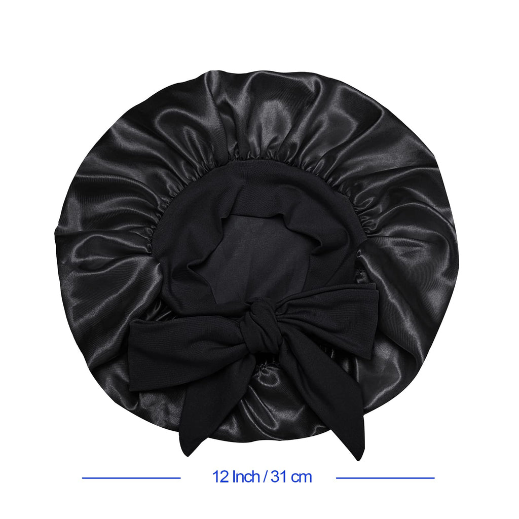 Isshin Beauty Satin Silk Bonnet for Kids – 2 Pack, Elastic Tie Band, No-Slip Fit (Black & Pink)